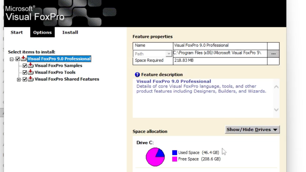 Visual FoxPro 9 setup options page with the feature selection tree