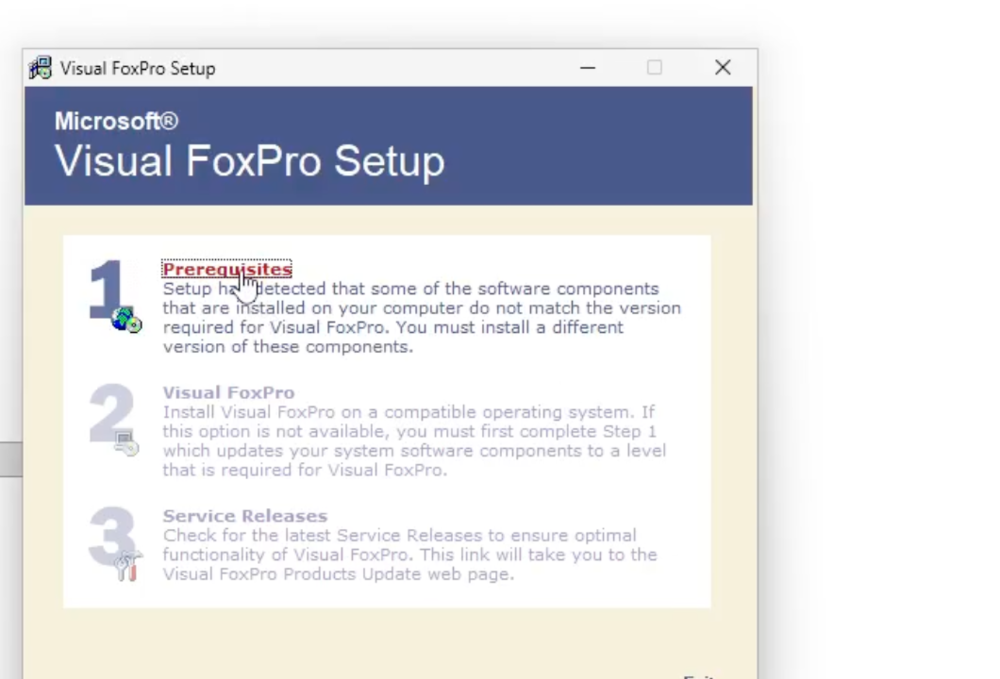 Visual FoxPro 9 setup menu showing Prerequisites, Visual FoxPro, and Service Releases options