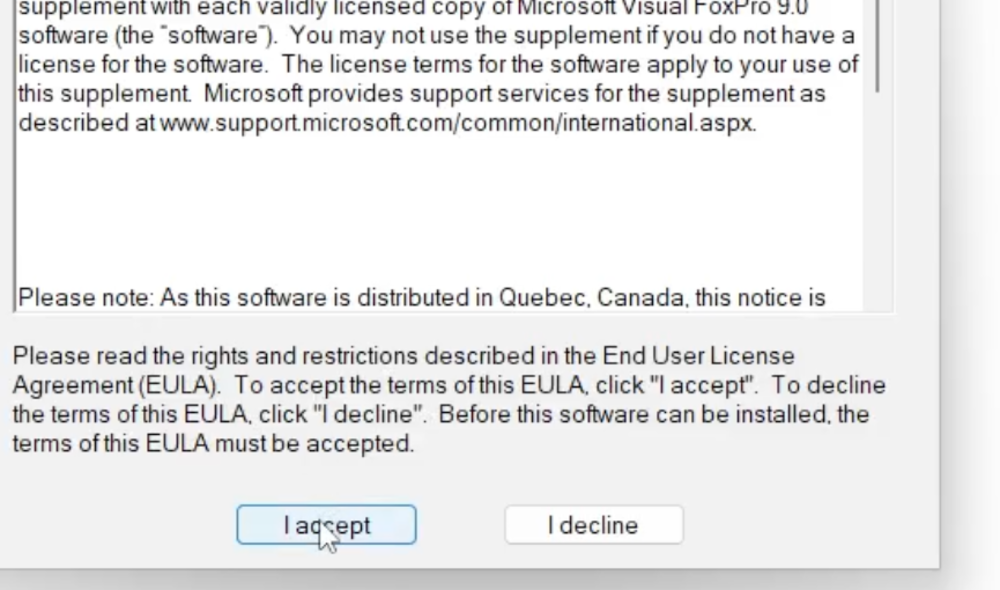 Visual FoxPro 9 Service Pack 1 license agreement