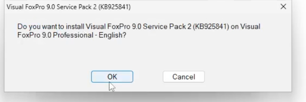 Visual FoxPro 9 Service Pack 2 installation prompt