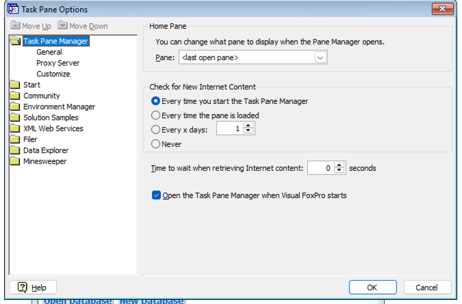 Task Pane Options dialog with Open the Task Pane Manager when Visual FoxPro starts unchecked