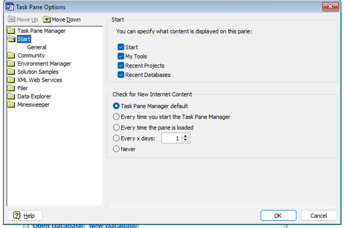 Task Pane Options dialog with Check for New Internet Content set to Never under Start